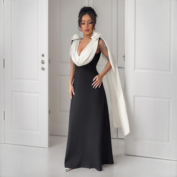 European and American banquet wedding party high-end and elegant style V-neck contrasting color sleeveless dress