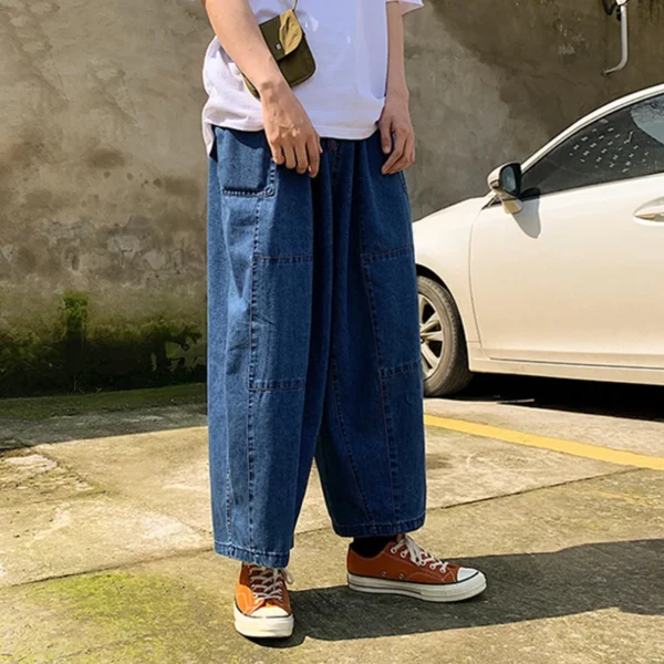 Jeans Ankle-Length  New Drawstring Elastic Waist Wide Leg Mens Loose Soft Denim Pants Hip Hop Streetwear