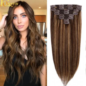 Straight Hair Clip In Human Hair Extensions 100% Real Human Hair #4/27 Brown Highlights Blonde Clip Ins Remy Hair For Women 120G